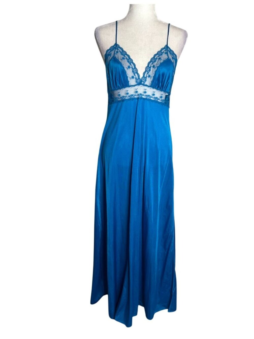 Vintage Nylon Lace Trimmed Long Nightgown Small Teal Blue Spaghetti Straps